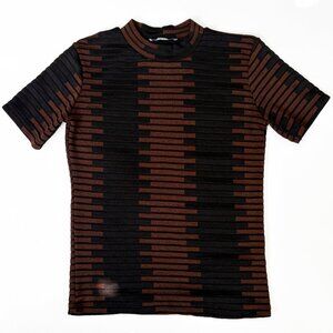 ZARA Brown Black Fitted Stretch Pattern Shirt Top